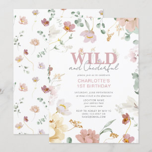 Invitation Floral rose Wild & Onederful Girl 1er anniversaire