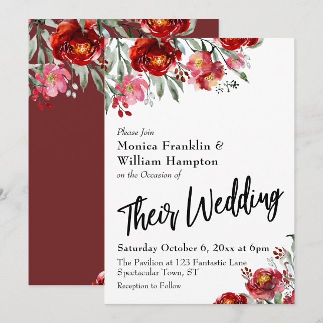 Invitation Floral Rouge Bourgogne Leur Typographie Mariage (Devant / Derrière)