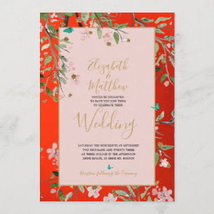 Invitation Floral rouge élégant rose or Mariage Chinoiserie