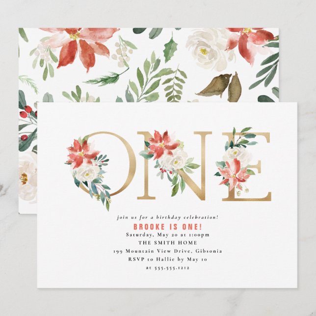 Invitation Floral rouge et blanc NOËL Premier anniversaire (Devant / Derrière)