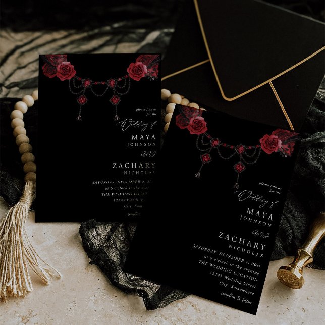Invitation Floral rouge et Mariage cristal - Noir (Créateur téléchargé)