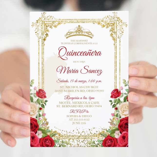 Invitation Floral Rouge Mexicaine Fille Couronne Sweet 15e an (Créateur téléchargé)