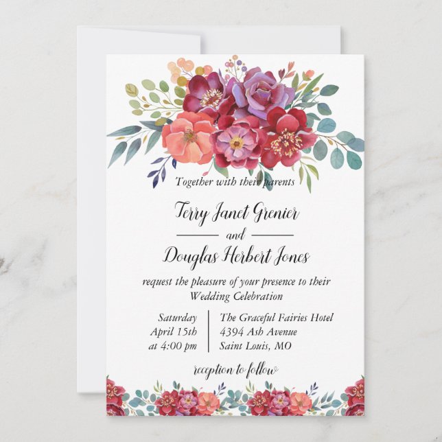 Invitation Floral. rouge orange et rose poussiéreux Mariage d (Devant)