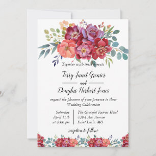 Invitation Floral. rouge orange et rose poussiéreux Mariage d