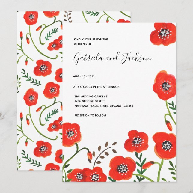 Invitation Floral rouge pies mariage moderne (Devant / Derrière)