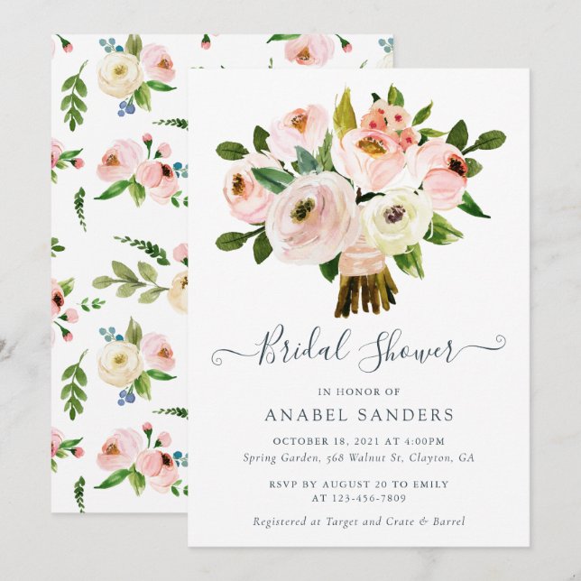 Invitation Floral rougissent la Fête de la mariée de pivoines (Devant / Derrière)