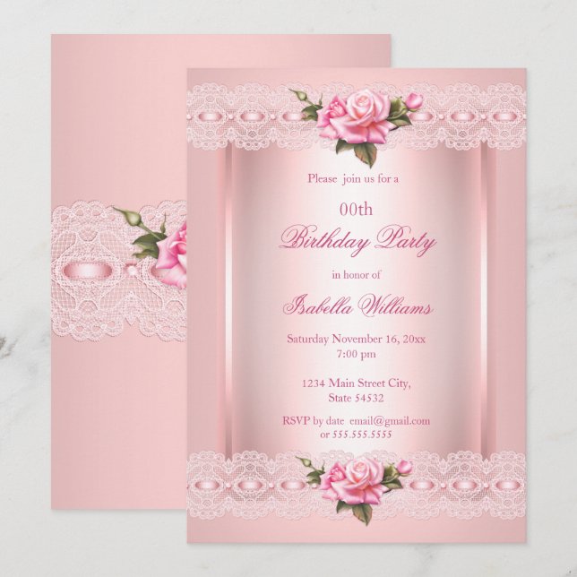 Invitation Floral rousse Dentelle rose rose fête d'anniversai (Devant / Derrière)