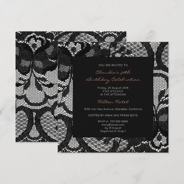 Invitation Floral Royal Black White Lace Fête des mariées Par (Devant / Derrière)