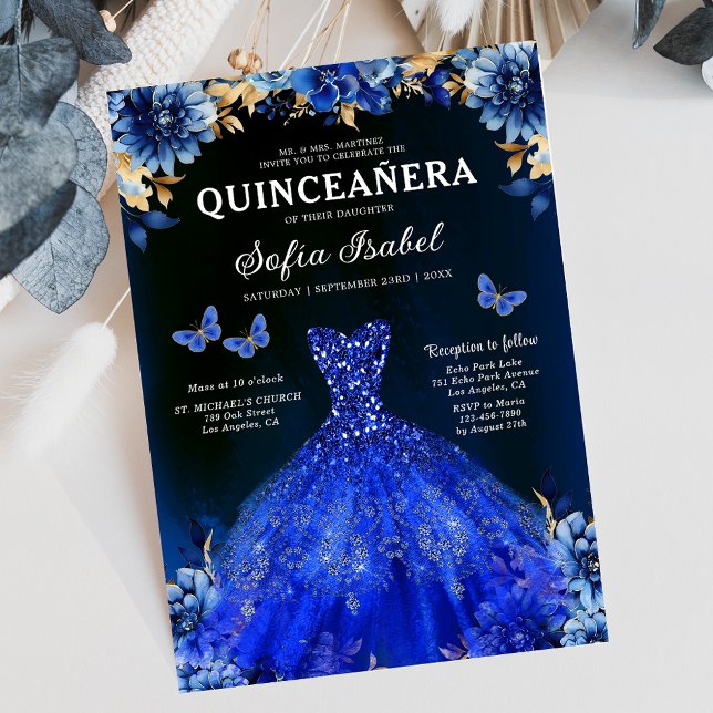 Invitation Floral Royal Blue Butterfly Princess Quinceanera (Créateur téléchargé)