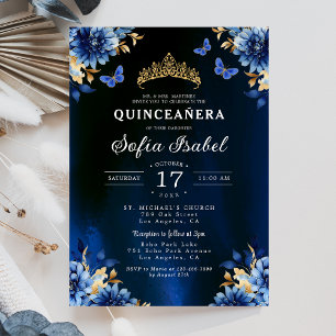Invitation Floral Royal Blue Butterfly Princess Quinceanera
