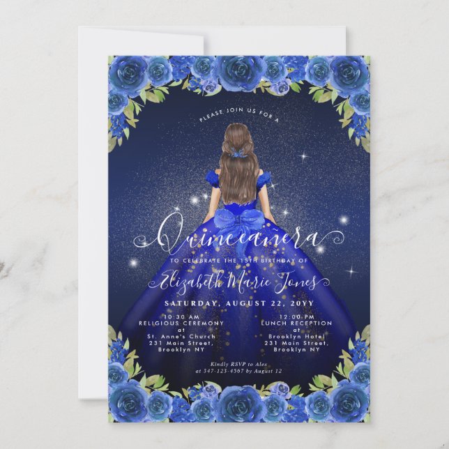 Invitation Floral Royal Blue Gold Glam Princess Quinceanera (Devant)
