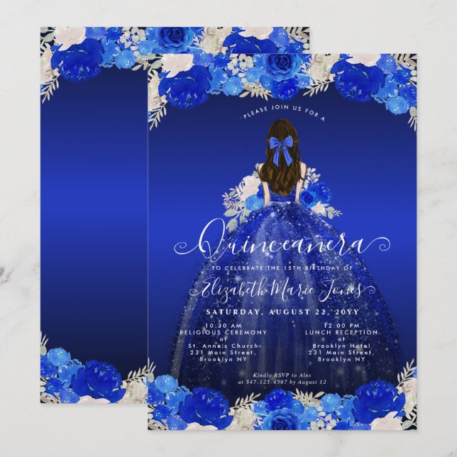 Invitation Floral Royal Blue Princess Robe Gown Quinceanera (Devant / Derrière)