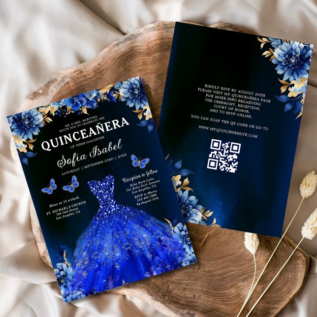 Invitation Floral Royal Blue QR Code Princess Quinceanera (Créateur téléchargé)