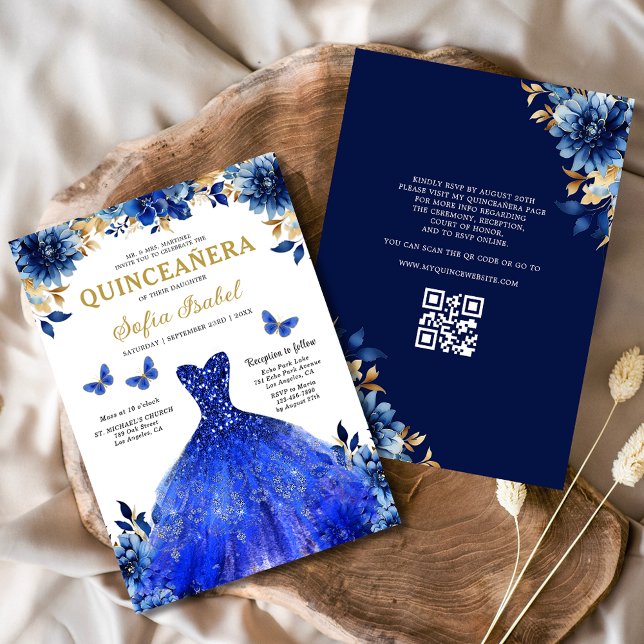 Invitation Floral Royal Blue QR Code Princess Quinceanera (Créateur téléchargé)