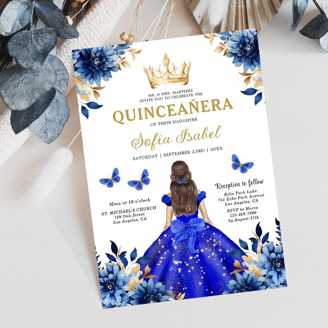 Invitation Floral Royal Blue Quinceanera espagnol bilingue (Créateur téléchargé)