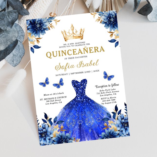 Invitation Floral Royal Blue Quinceanera espagnol bilingue (Créateur téléchargé)