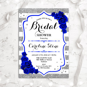 Invitation Floral Royal Blue Silver Stripes Fête des mariées