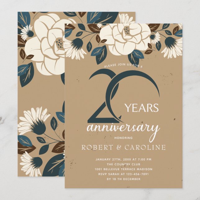 Invitation Floral Rustic 20e anniversaire du Mariage (Devant / Derrière)
