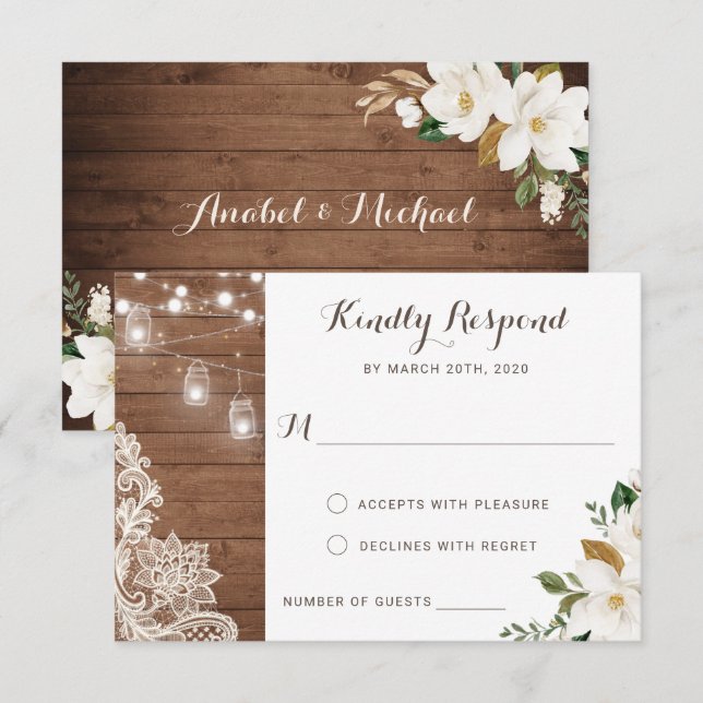 Invitation Floral Rustic Bois Éclairage Magnolia RSVP (Devant / Derrière)