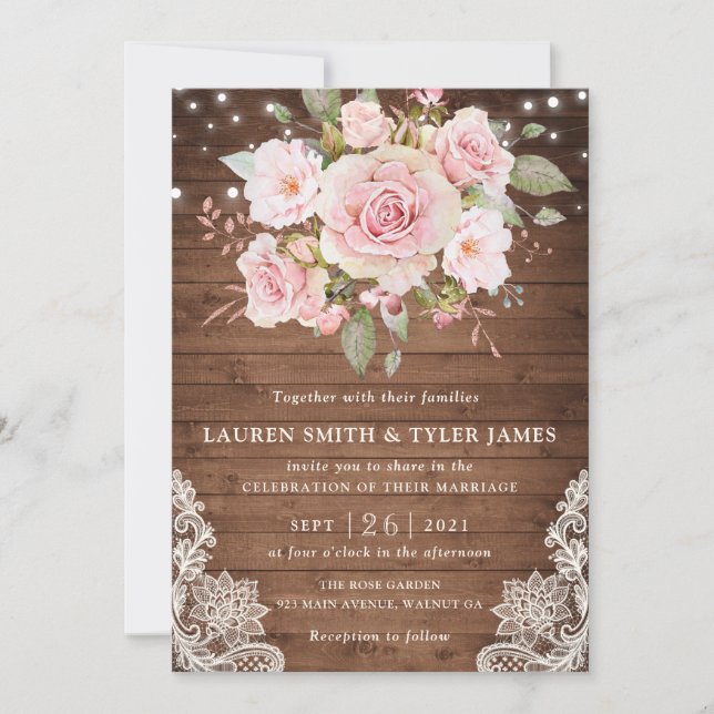 Invitation Floral Rustic Bois Rose String Mariage de dentelle (Devant)
