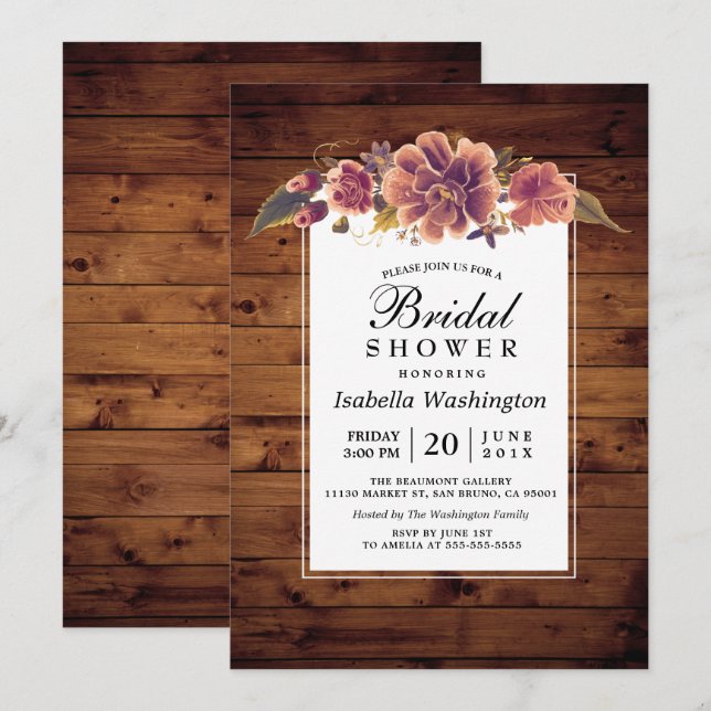 Invitation Floral Rustic Grange Fête des mariées en bois (Devant / Derrière)