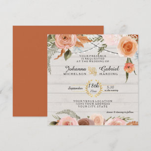 Invitation Floral Rustique Blush Brûlé Orange Feutre de Bois
