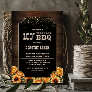Invitation Floral Rustique Bois 100e anniversaire BBQ