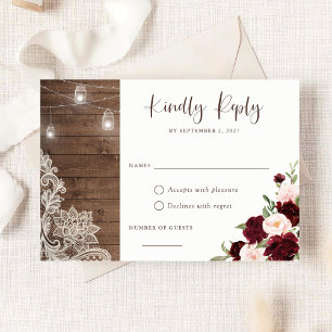 Invitation Floral Rustique Bourgogne Bois Lace Lumières