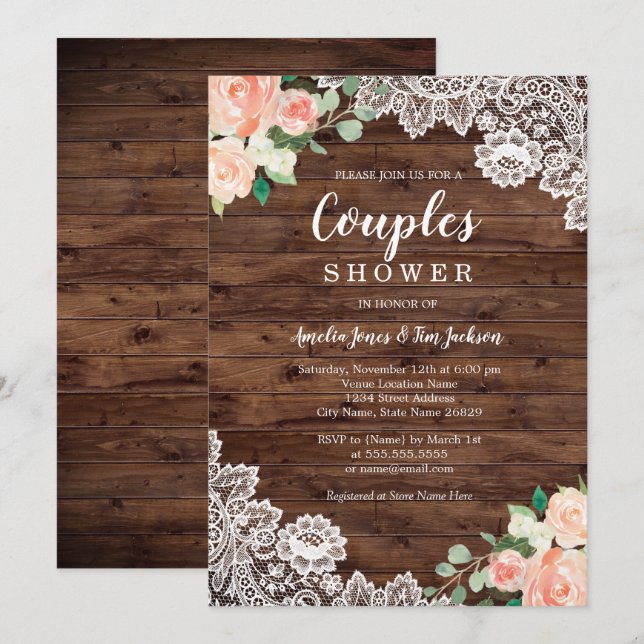 Invitation Floral Rustique Couples en dentelle de bois Weddin (Devant / Derrière)