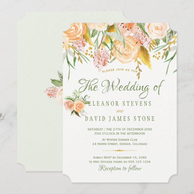Invitation Floral rustique garland or sauge élégant mariage (Devant / Derrière)