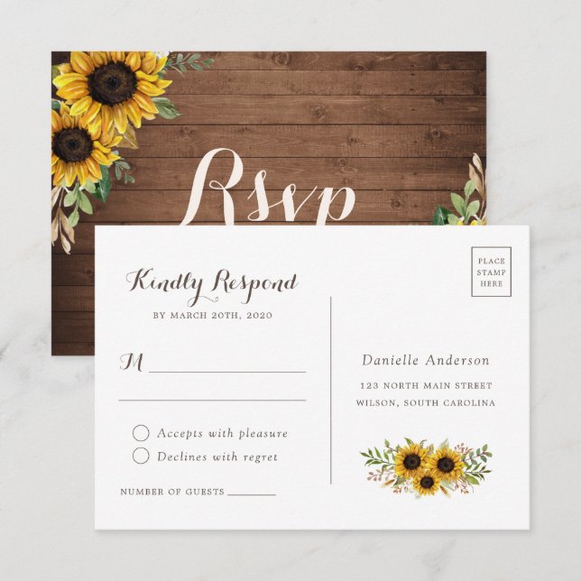 Invitation Floral Rustique Mariage de tournesol de bois RSVP (Devant / Derrière)