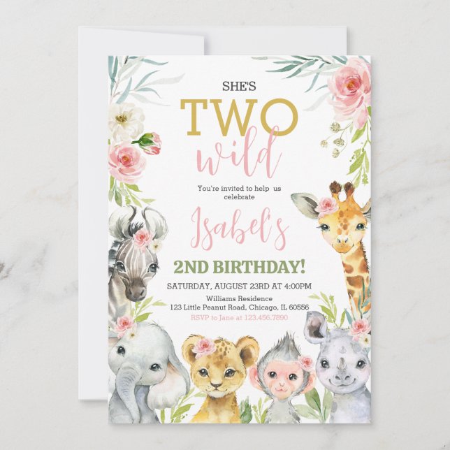 Invitation Floral Safari Animals Birthday Party (Devant)