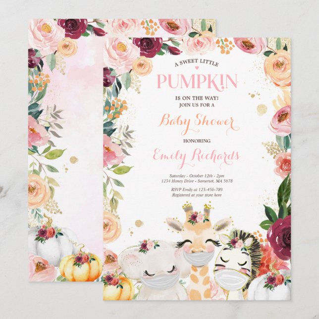 Invitation Floral Safari Animaux Automne Baby shower Citrouil (Devant / Derrière)