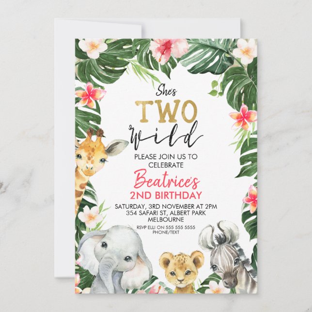 Invitation Floral Safari She's Two Wild Second Birthday (Devant)