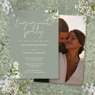 Invitation Floral Sage Green Script Photo Engagement