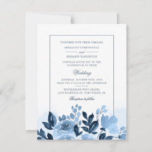 Invitation Floral Script Blue Aquarelle Mariage botanique