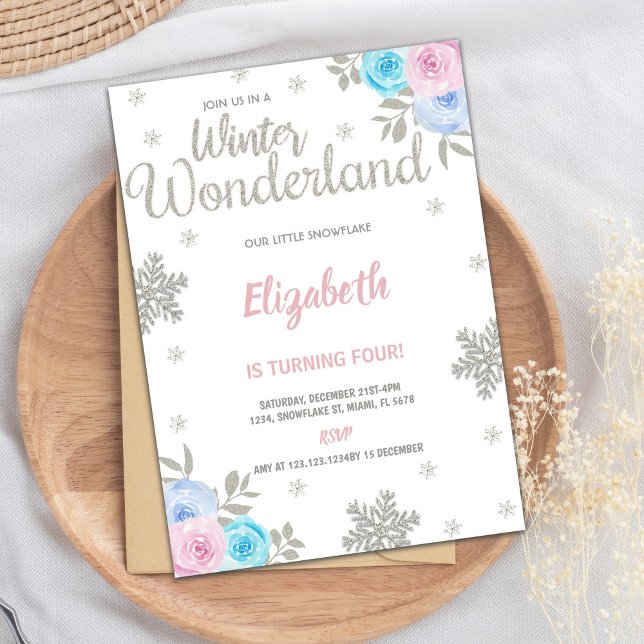Invitation Floral Silver Parties scintillant Winter Wonderlan (Floral Silver Glitter Winter Wonderland Birthday Invitation)