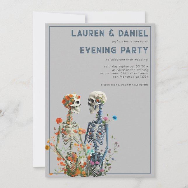 Invitation Floral Skeleton Couple QR Soirée Mariage (Devant)