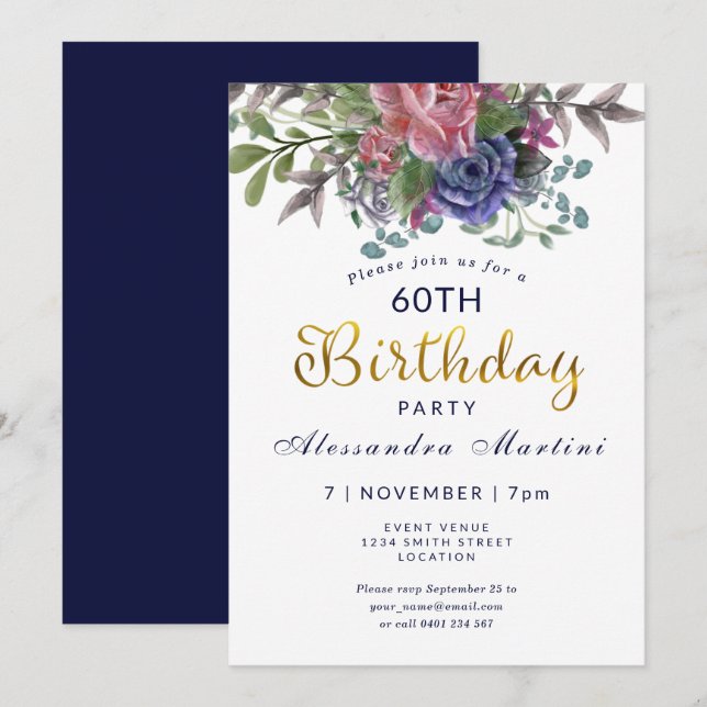 Invitation Floral Soixante et fabuleux anniversaire d'or rose (Devant / Derrière)