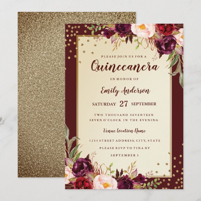 invitation floral Sparkle Bourgogne Gold Quinceane (Devant / Derrière)
