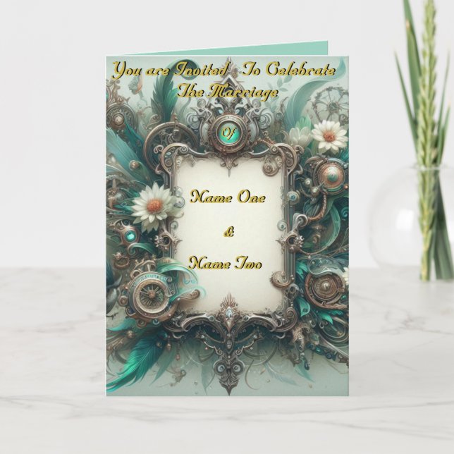 Invitation Floral Steampunk Mariage vert et argent (Devant)