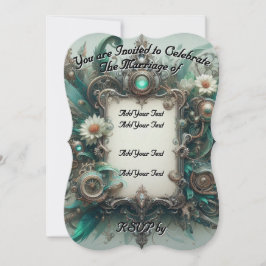 Invitation Floral Steampunk Mariage vert et argent