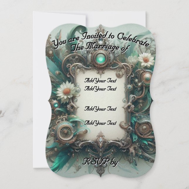 Invitation Floral Steampunk Mariage vert et argent (Devant)