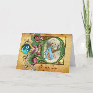 INVITATION FLORAL STORK GARÇON BABY SHOWER BLUE GEM MONOGRAM