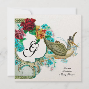INVITATION FLORAL STORK GARÇON BABY SHOWER MONOGRAMME AVEC RO