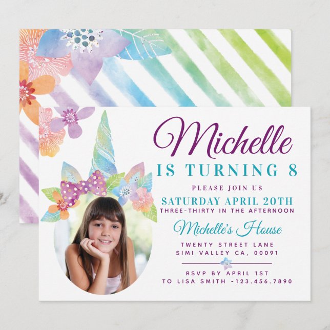 Invitation Floral & Stripe Unicorn Photo Anniversaire Invitat (Devant / Derrière)