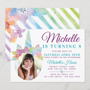Invitation Floral & Stripe Unicorn Photo Anniversaire Invitat