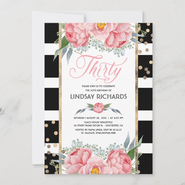 Invitation Floral Stripes Moderne Gold Décor 30 Anniversaire  (Devant)