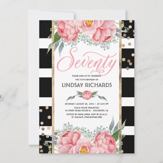 Invitation Floral Stripes Moderne Gold Décor 70 Anniversaire (Devant)
