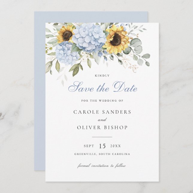 Invitation Floral Sunflowers Blue Hydrangea Mariage Date de s (Devant / Derrière)